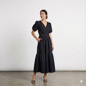 French Connection Womens Black Puff Sleeve Midi Dress‎ XS Pockets Cottagecore